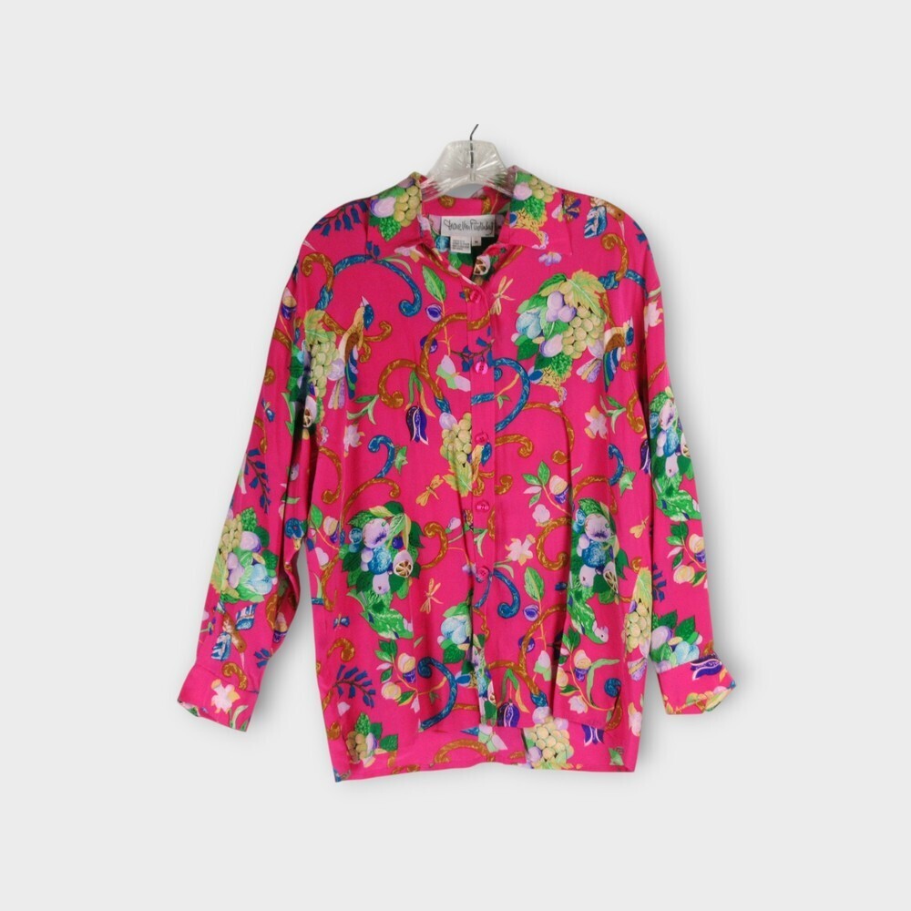 Diane Von Furstenberg 100% Silk Print Shirt Size M Fruit Birds